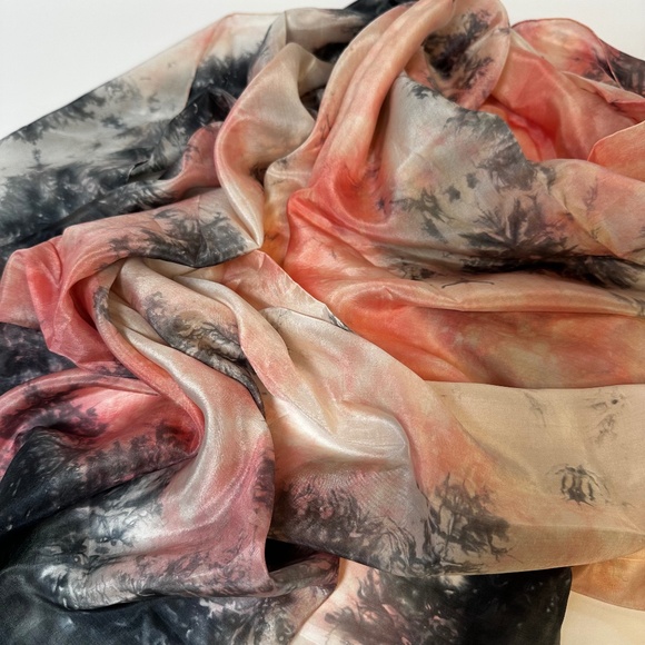 Accessories - Large Hand-Dyed Silk Scarf Shawl 41x44 Coral Charcoal Artisan Wrap